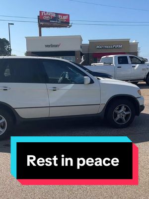 A post by @brelandemory on TikTok caption: 🚘My busted #bmw #beater #car died in the middle of 5 o’clock traffic at a busy intersection 😃 Wanna help? Im doing $5 cameos! Link in my bio! Tysm to everyone for the well wishes too! 🩷 #fyp #foryoupage #poor @BMW USA how about a new replacement? 🥲