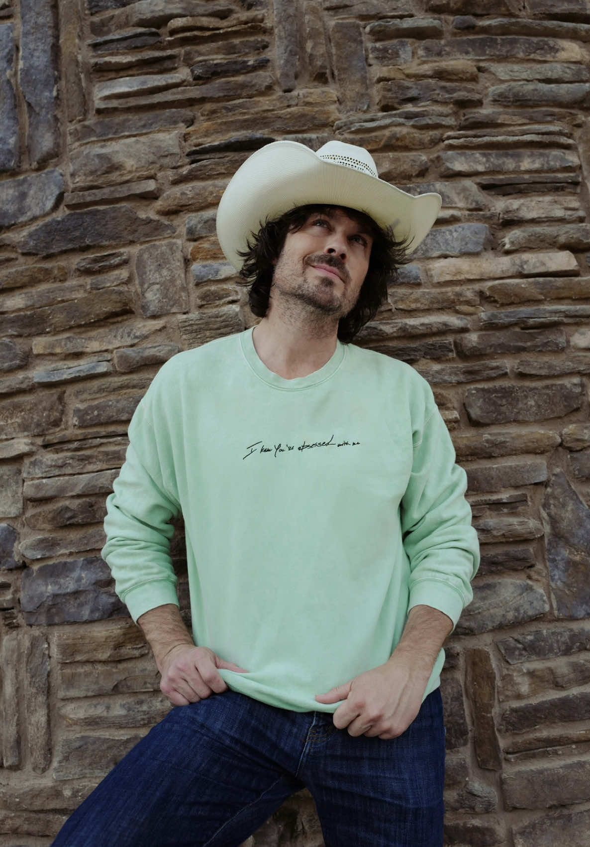A post by @iansomerhalder on TikTok caption: It's MAY 10th! You know what that means... 🥞 To celebrate, @Blank clo and I just dropped a new collection!! We heard you loud and clear...so the obsessed crewneck is back, now in a new colorway 💚 Grab yours for a limited time at iansomerhalder.shop