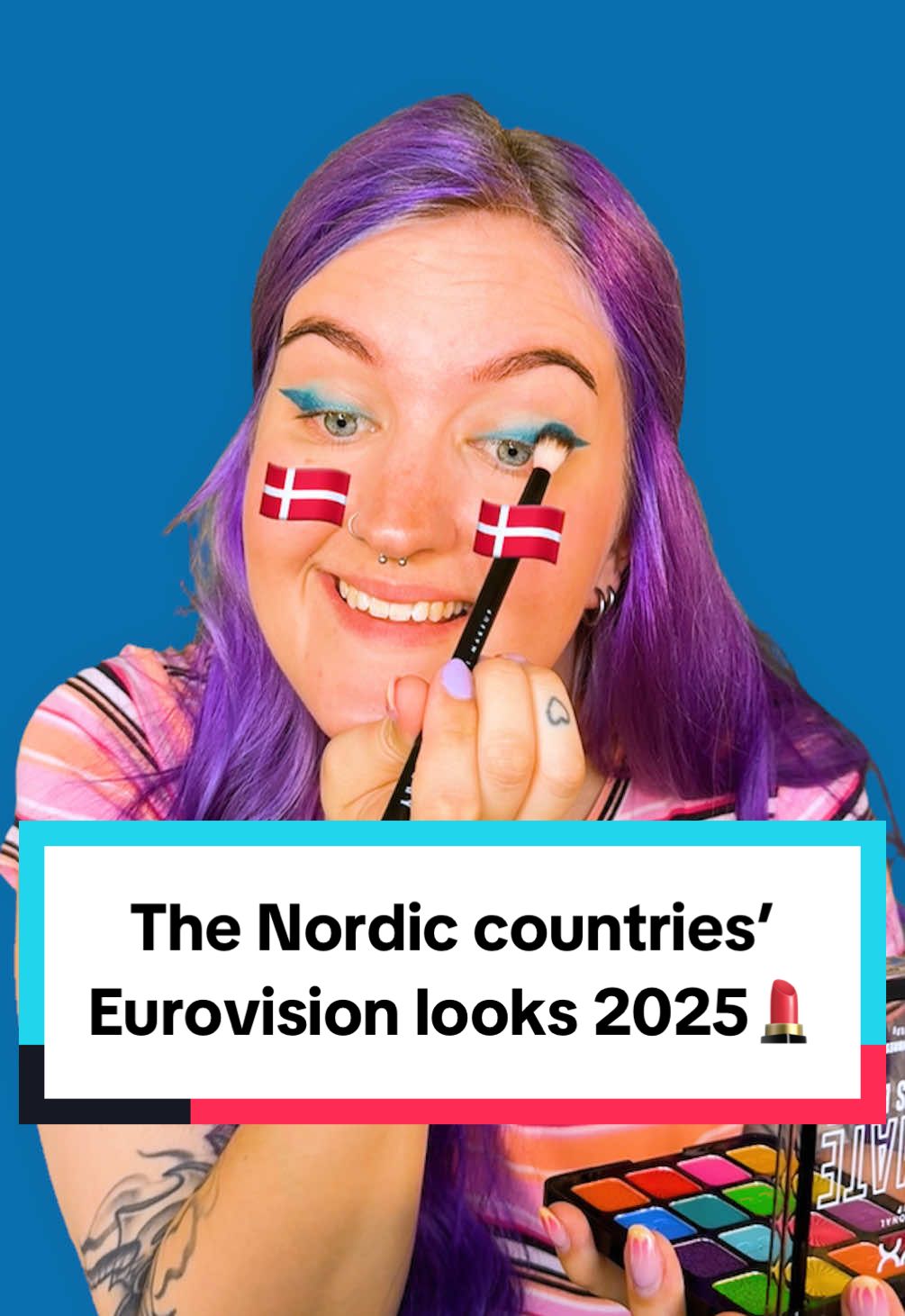 A post by @kellylouisekilljoy on TikTok caption: Advertisement @NYXCosmeticsNordics | I made the Nordic countries do makeup looks inspired by their Eurovision songs using only NYX Professional Makeup! I think my favorite look ended up being Finland! ✨ Also, how many Eurovision references can you count? Happy Eurovision month! 🪩 #nyxcosmeticsnordics #nyxcosmetics #denmark #sweden #norway #finland 