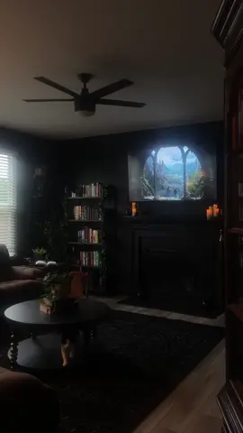 A post by @kcallanott on TikTok caption: forever love gloomy days at home 🖤 #homedecor #darkacademia #homeinterior #blackwalls #booklover #gothichome #bookworm #readersoftiktok #darkinterior #gothicdecor #cozyathome #darkaesthetic 