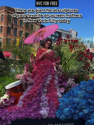 A post by @nycforfree on TikTok caption: There are giant floral sculptures of your favorite on-screen mothers in New York City today 💐 Check out this stunning installation & take home complimentary flowers at the Mothers of Max Pop-Up @hbo @streamonmax is honoring motherhood and bringing some of your favorite on-screen Moms to life featuring floral sculptures of Victoria Ratliff (@TheWhiteLotus), Daenerys Targaryen (@GameofThrones), Carmela Soprano (The Sopranos) and Deborah Vance (Hacks). Fans can take photos against this unexpected floral showcase and craft their own bouquets of fresh flowers and botanicals directly from the Mothers of Max sculptures.    Don’t miss this HBO Max event & Happy Mother’s Day! 📍 Chelsea Triangle (14th St/9th Ave) 🗓️ May 11 ⏰ 10am - 4pm #nycforfree #nyc #max #hbo #hbomax #whitelotus #victoriaratliff #gameofthrones #sopranos #hacks #newyorkcity #mothersday