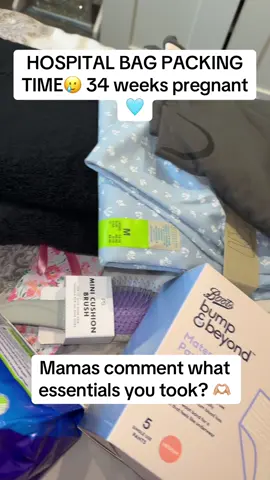A post by @dollyywellsx on TikTok caption: Packing my hospital bag at 34 weeks pregnant!  Mama’s comment what essentials you took to the hospital with you🙏🏻🩵🤍  #mama #hospitalbag #baby #34weekspregnant #hospitalbagpacking #boymum #junebaby #20thjune #hospital #labour #birth 