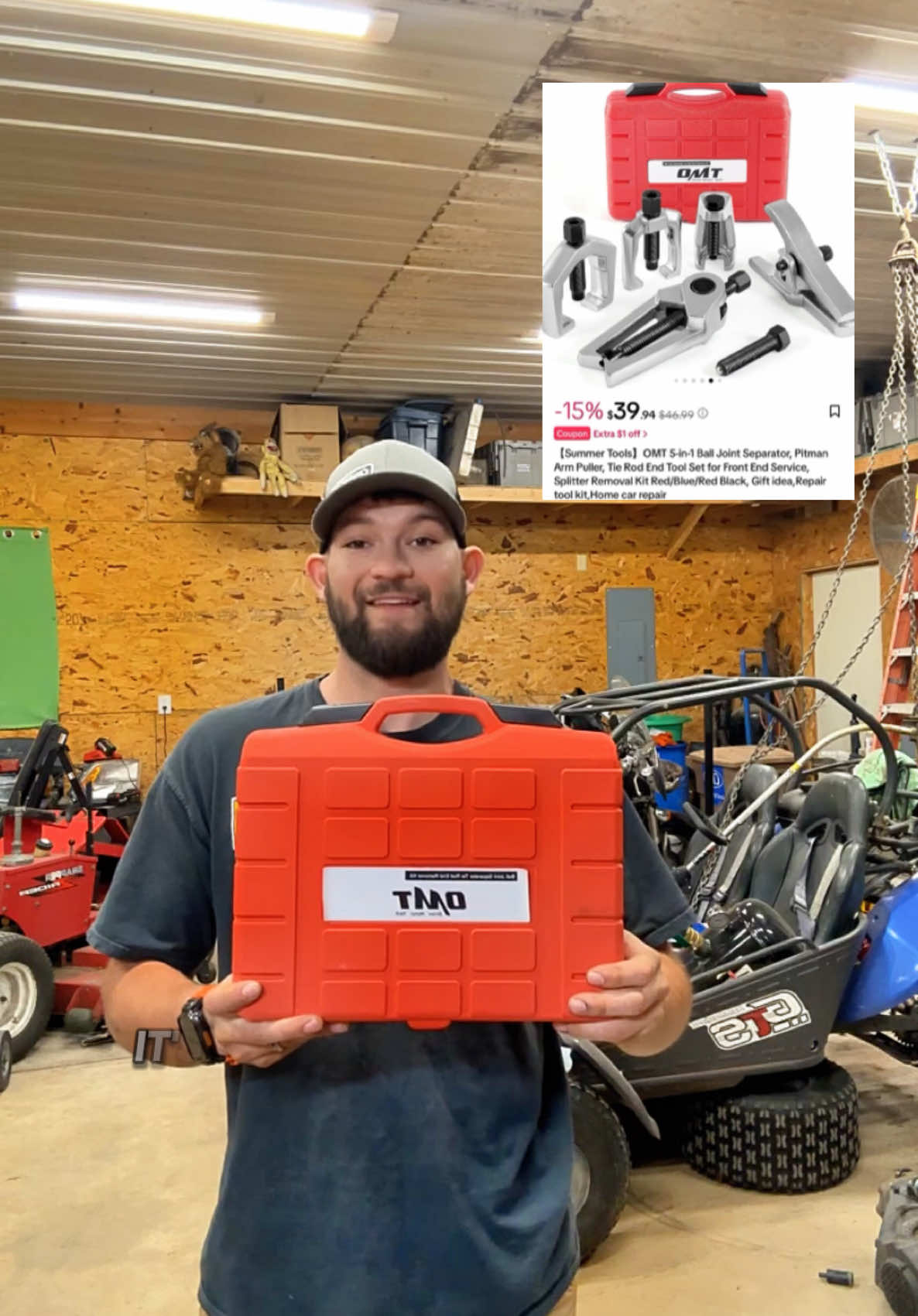 A post by @ on TikTok caption: Built my garage on busted knuckles not anymore 🔧💥 This OMT kit makes front-end work stupid easy 👊🏼  #DIYMechanic #WeekendWrenching #ToolTok #MechanicLife #GarageSetup #CarRepair #WrenchTime #BallJointReplacement #FrontEndWork #HomeMechanic #MechanicTools #AutoRepair #Ram1500 #TruckTools #ToolReview #TikTokShopFinds