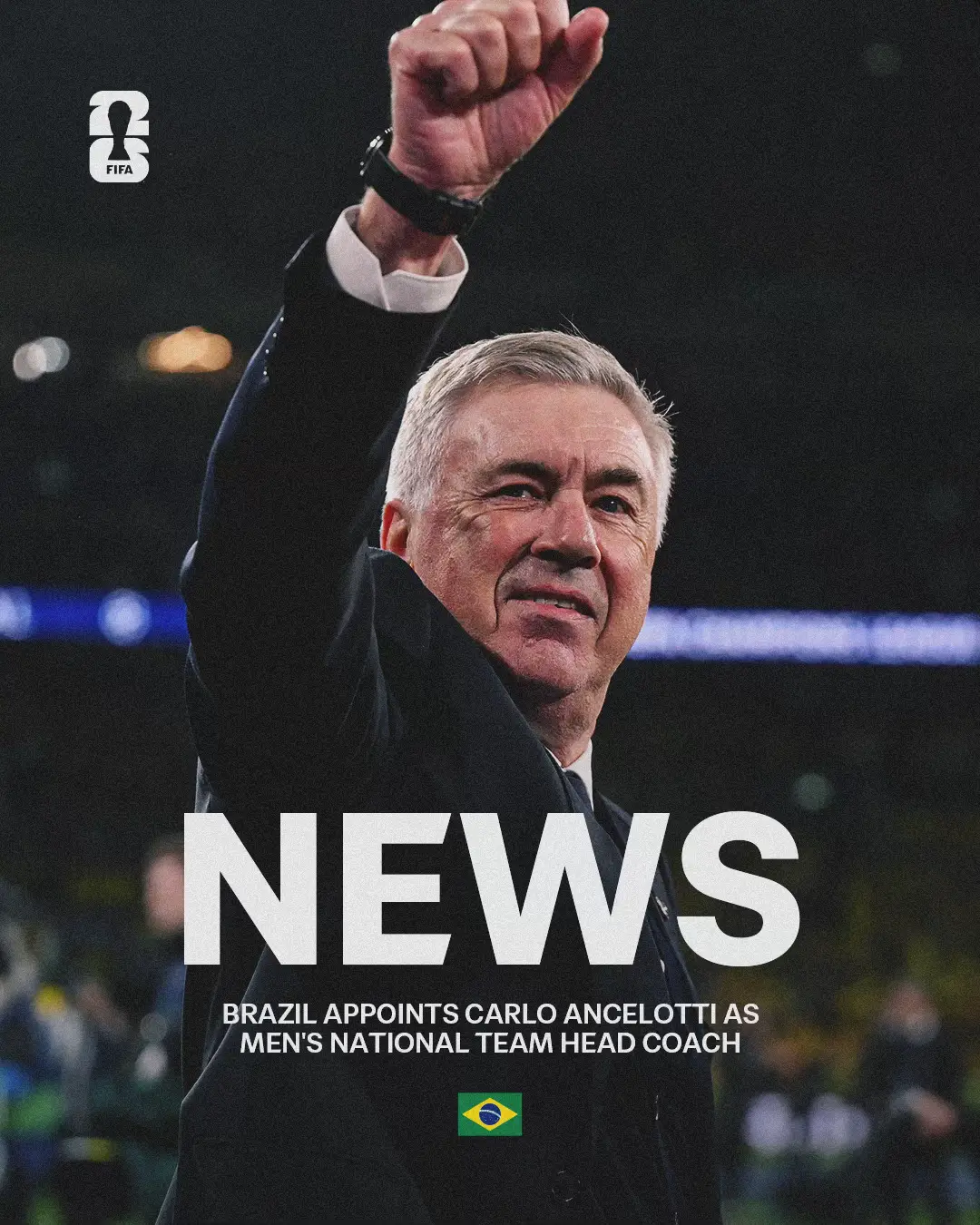 A post by @fifaworldcup on TikTok caption: 🇧🇷✈️ Carlo Ancelotti is headed to Brazil! #WeAre26 #FIFAWorldCup #Brazil 