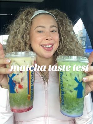 A post by @maliaelaine on TikTok caption: trying Dutch bros new matcha lattes 🍵👀😅 #matchatok #tastetest #dutchbrosmatcha #dutchbrosorders 
