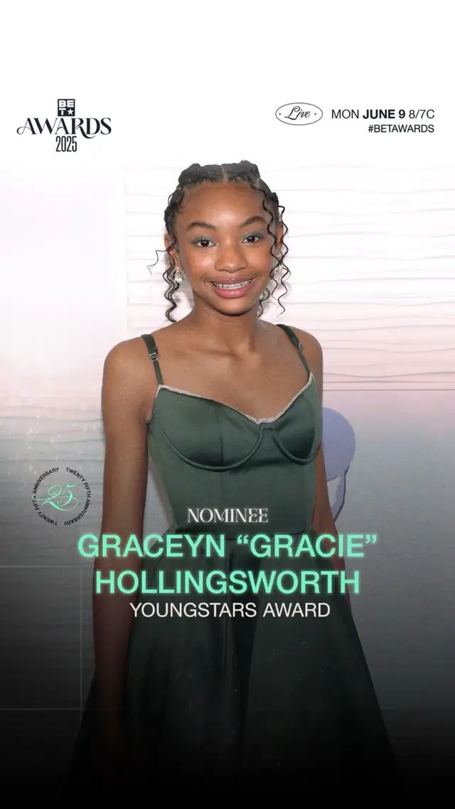 A post by @graciescornertv on TikTok caption: Thank you to the @BET AWARDS  for recognizing Graceyn— truly an honor to be nominated! 💜 Let’s go, Gracie’s Corner family — this one’s for all of us! —- #BETAwards #YoungStarsAward #GraciesCorner #GraceynHollingsworth @BET Networks 