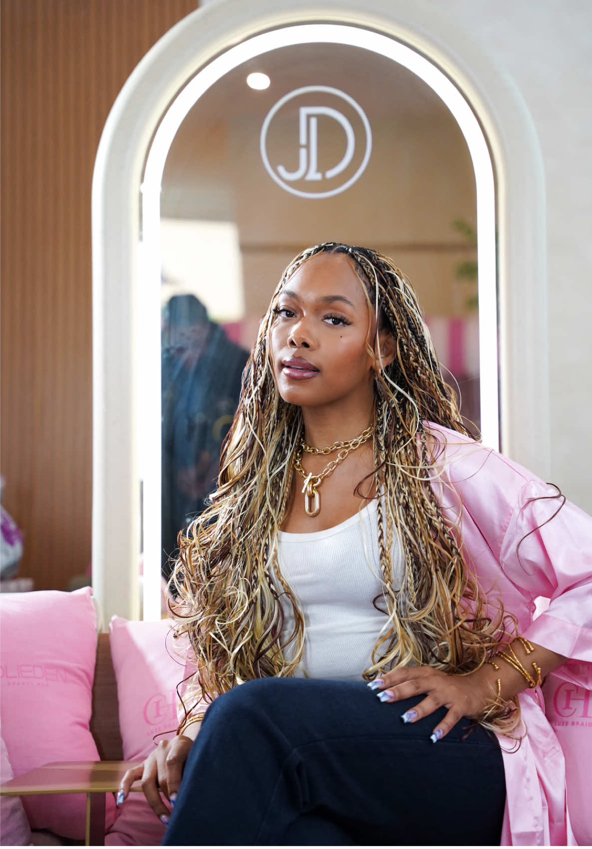 A post by @lelliessantiago on TikTok caption: Thank you @Chi’s Luxe Braiding Hair  inviting me to your exclusive hair braiding experience at @JoliedenBeautyBar I LOVE my hair! #MaestriDelPov #fyp #foryou #fy #grmw 