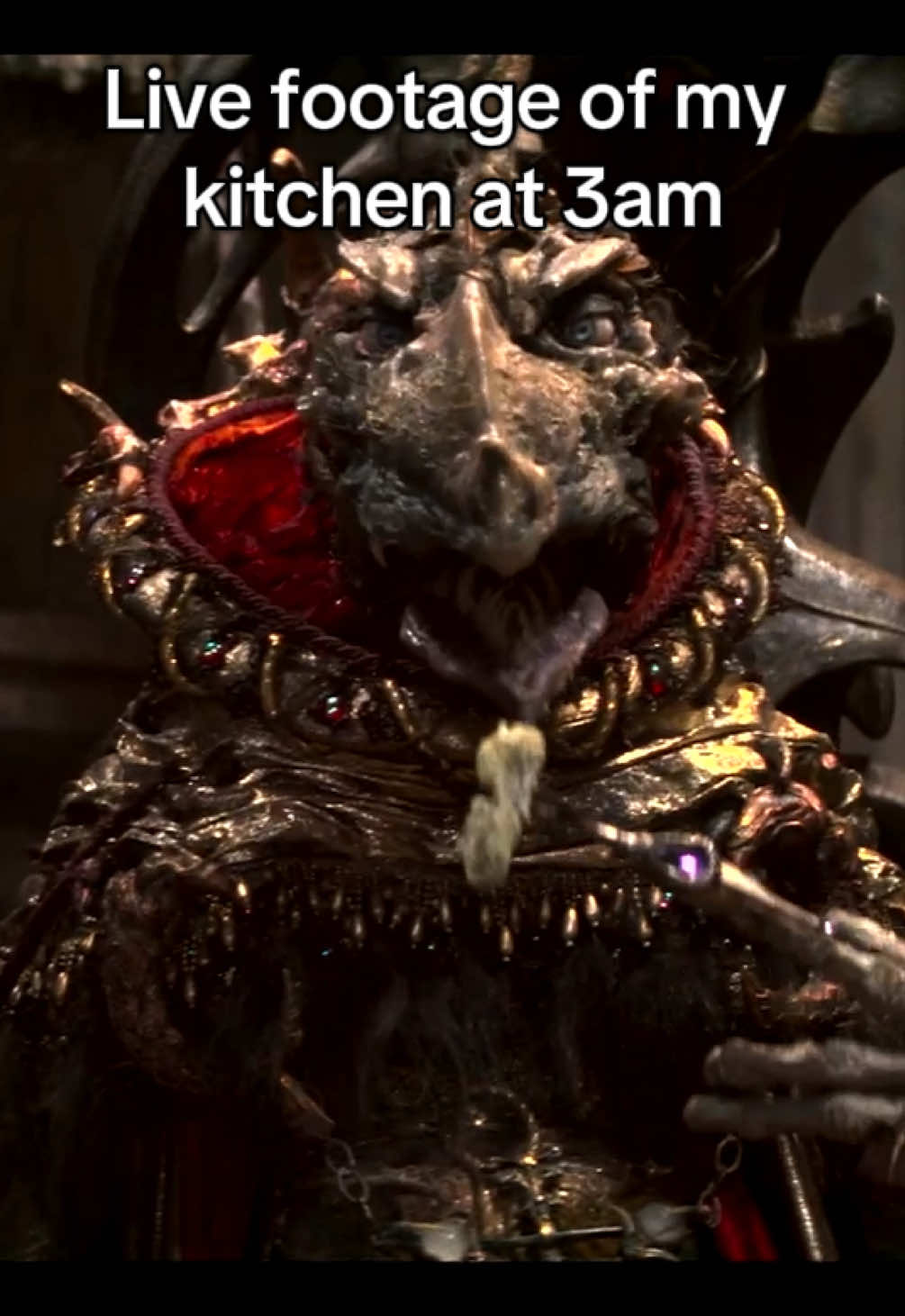 A post by @jimhensoncompany on TikTok caption: The Skeksis do not play around when it comes to food 🍴#mukbang #skeksis #thedarkcrystal #meme #latenightsnack #jimhenson #puppet 