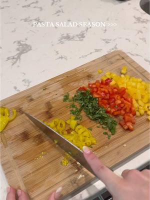 A post by @alyssarayelee on TikTok caption: Replying to @Sky I could eat pasta salad everyday in the spring and summer!! This one is so simple and easy but delicious! Recipe: 1 box bow tie pasta 1 red bell pepper 1 yellow bell pepper  1/2 of a red onion(mine was bad so I didn’t add it) About 4 pepperoncinis 1/3 cup fresh basil  Motzerella pearls and grated Parmesan (just add however much you like)  1 cup Italian dressing  Some Italian seasoning, salt, and pepper to taste 