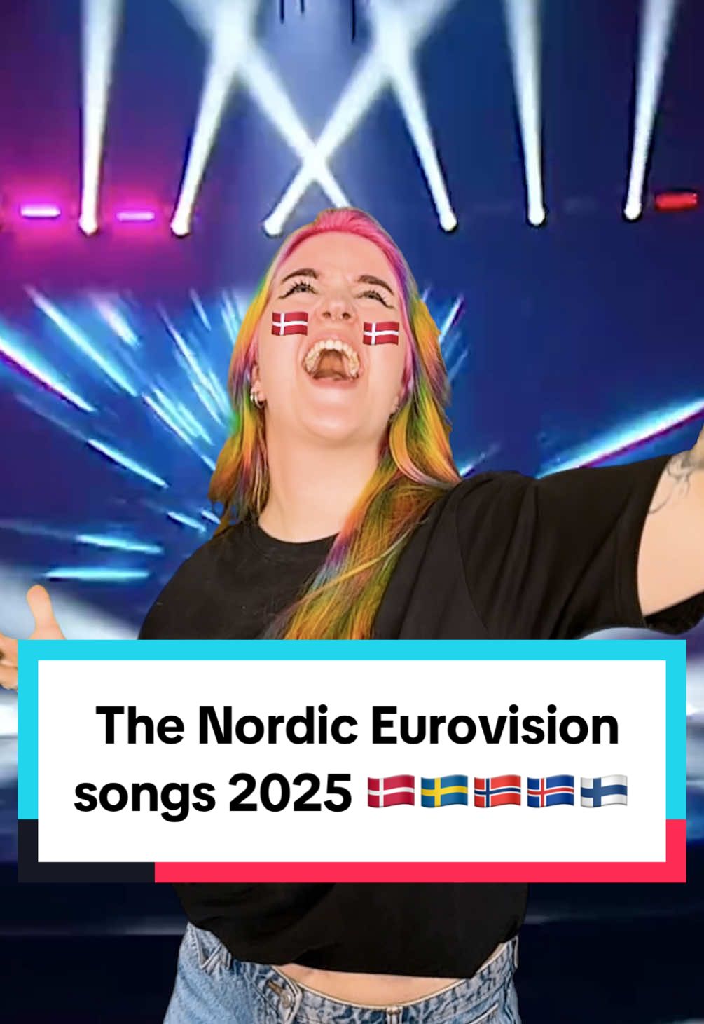 A post by @kellylouisekilljoy on TikTok caption: It’s Eurovision week! Here’s the annual Nordic Medley! 🪩 Full hair reveal coming tomorrow! 🌈 #eurovision2025 #denmark #sweden #norway #iceland #finland 