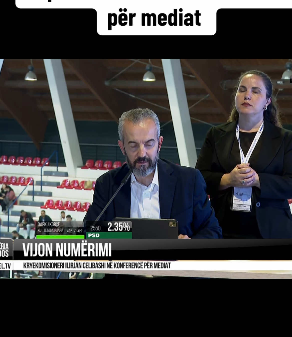 A post by @topchanneltvalbania on TikTok caption: "Janë ende disa KZAZ pa mbyllur procesin e numërimit për kandidatët e listës së hapur"/ Celibashi konferencë për mediat