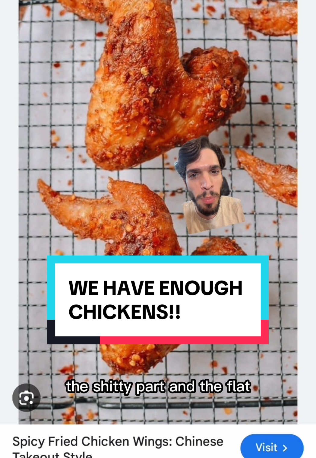 A post by @yuvaltheterrible on TikTok caption: Replying to @sobriotee the misinformation on this app is rampant my god #chicken #chickenwings 
