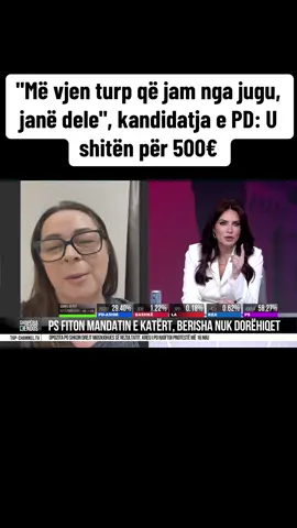 A post by @topchanneltvalbania on TikTok caption: "Më vjen turp që jam nga jugu, janë dele", kandidatja e PD: U shitën për 500€