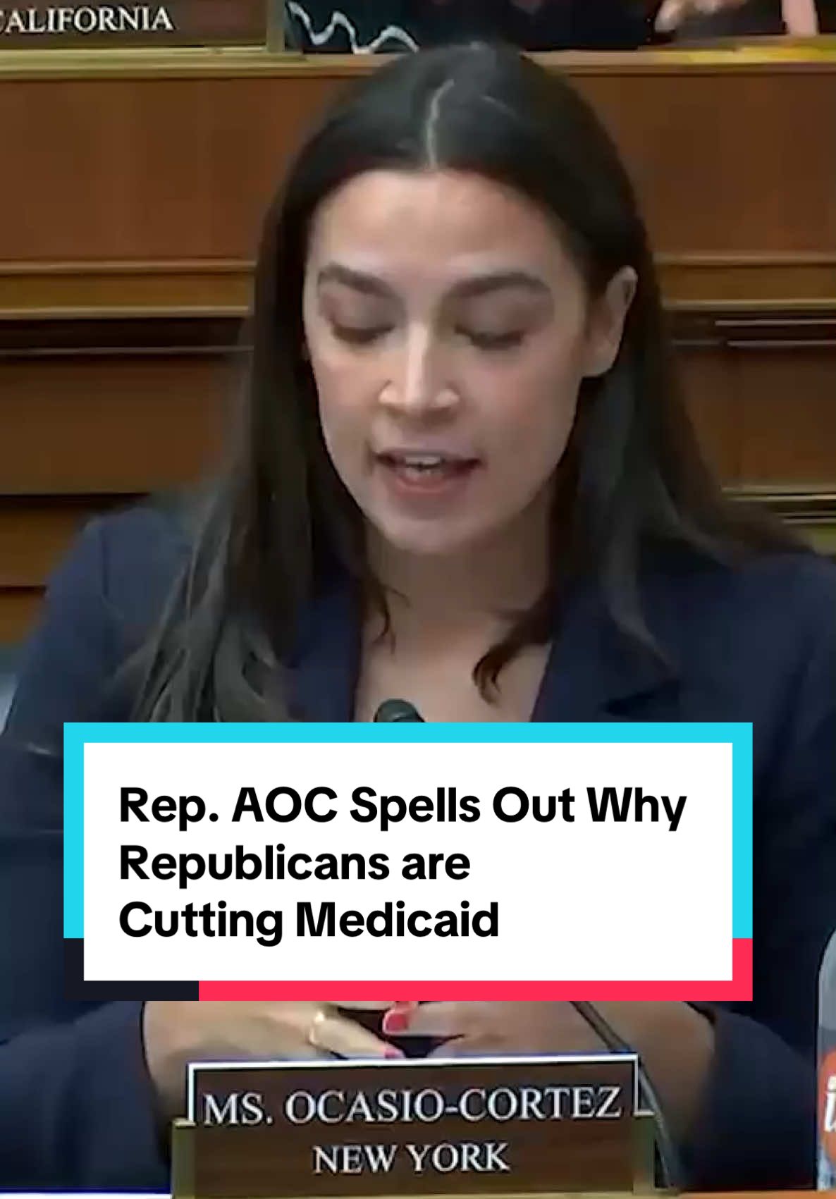 A post by @aocinthehouse on TikTok caption: Republicans are saying that these cuts will be reinvested into Medicaid for people who "deserve" it. If that were true, the budget would stay the same. But that's not what's happening. Why? Because down the hall, they are trying to finance tax breaks for billionaires.