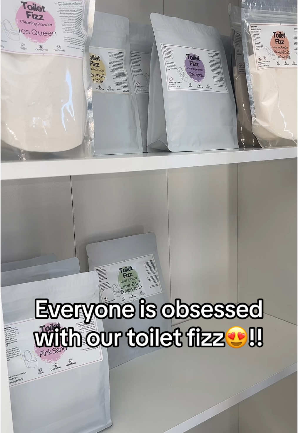 A post by @carlysscents on TikTok caption: They are flying off the shelves😍  All my products are on tiktok shop🫶🏻 #toiletfizz #cleaningpowder #cleaning #bathroom #bathroomproduct #homefragrance 
