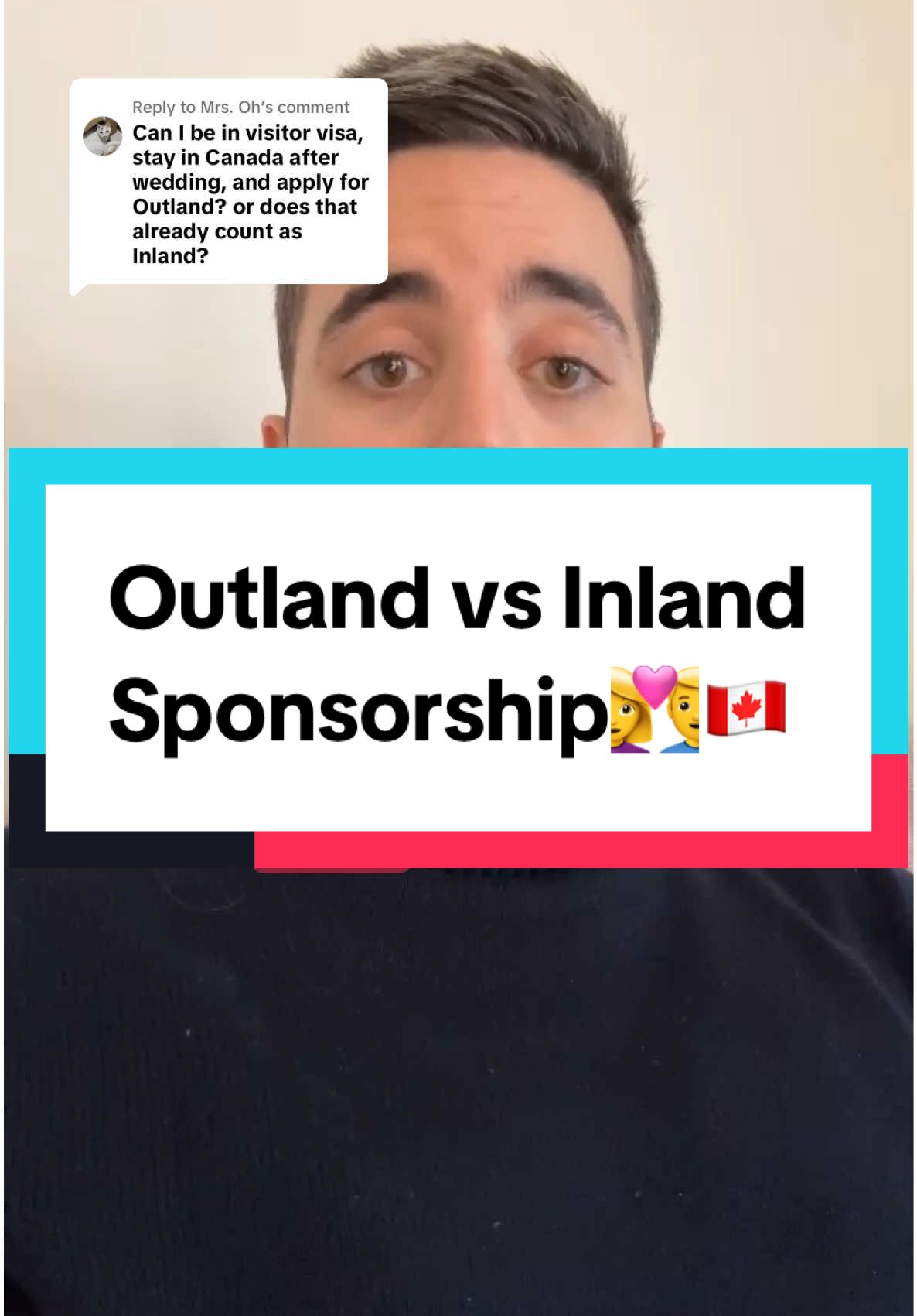 A post by @canadianimmlawyer on TikTok caption: Replying to @Mrs. Oh Outland spousal sponsorship applications can be done from inside Canada. #spousalsponsorshipcanada #outlandspousalsponsorship #inlandspousalsponsorship #familysponsorship 