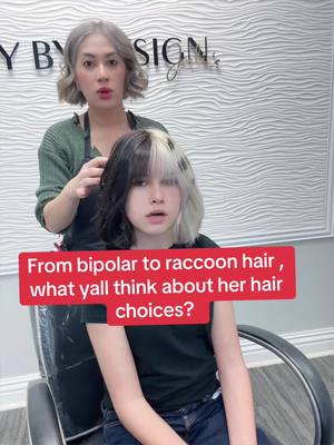 A post by @juliesbeautybydesign on TikTok caption: From bipolar to raccoon hair , what yall think about her hair choices? #bipolar #raccoon #hair #hairtransformation #foryoupage #drama #haircolor 