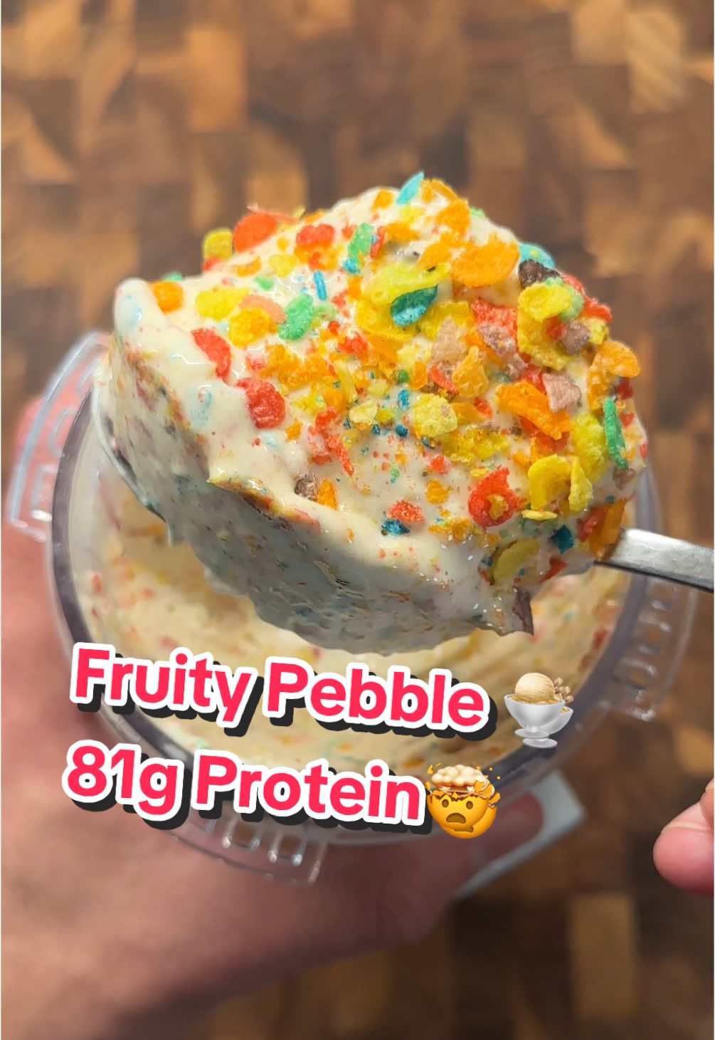 A post by @ice.karimcooks on TikTok caption: Save this ‼️81g Protein Fruity Pebble Protein Ice Cream 🤯🍨 (recipe 👇🏽) ‼️ EXQUISITE EATS!!! My debut cookbook is now available for preorder!!! 85+ delicious and healthy recipes to help you achieve your goals! Link in my bio 🙌🏼❤️ Macros for the entire pint: 510 Calories | 81g P | 37g C | 3g F Ingredients: 2 cups fat free fair life milk 🥛  2 cups fruity pebbles (to soak, optional)  10g sugar free vanilla pudding  1/3 cup (70g) vanilla protein powder  1/2 cup fruity pebble (to mix in) Instructions: 1. Soak fruity pebbles and milk for 20-30 mins then strain fruity pebbles (optional but gives an amazing flavor!) 2. Mix in sugar free vanilla pudding and 1/3 cup vanilla protein powder and blend until smooth then freeze overnight! 3. Place into the Ninja creami container and press the scoop setting. Once it’s done, add a touch more milk and then hit re spin. 4. At this point it should be creamy! Add 1/2 cup fruity pebbles and click mix in. Optionally, top w 1-2 tbsp of fruity pebble for the aesthetics 😮‍💨 Enjoy! 😍 . . . . #icekarim #healthyrecipes #easyrecipes #mealprep #quickrecipes 