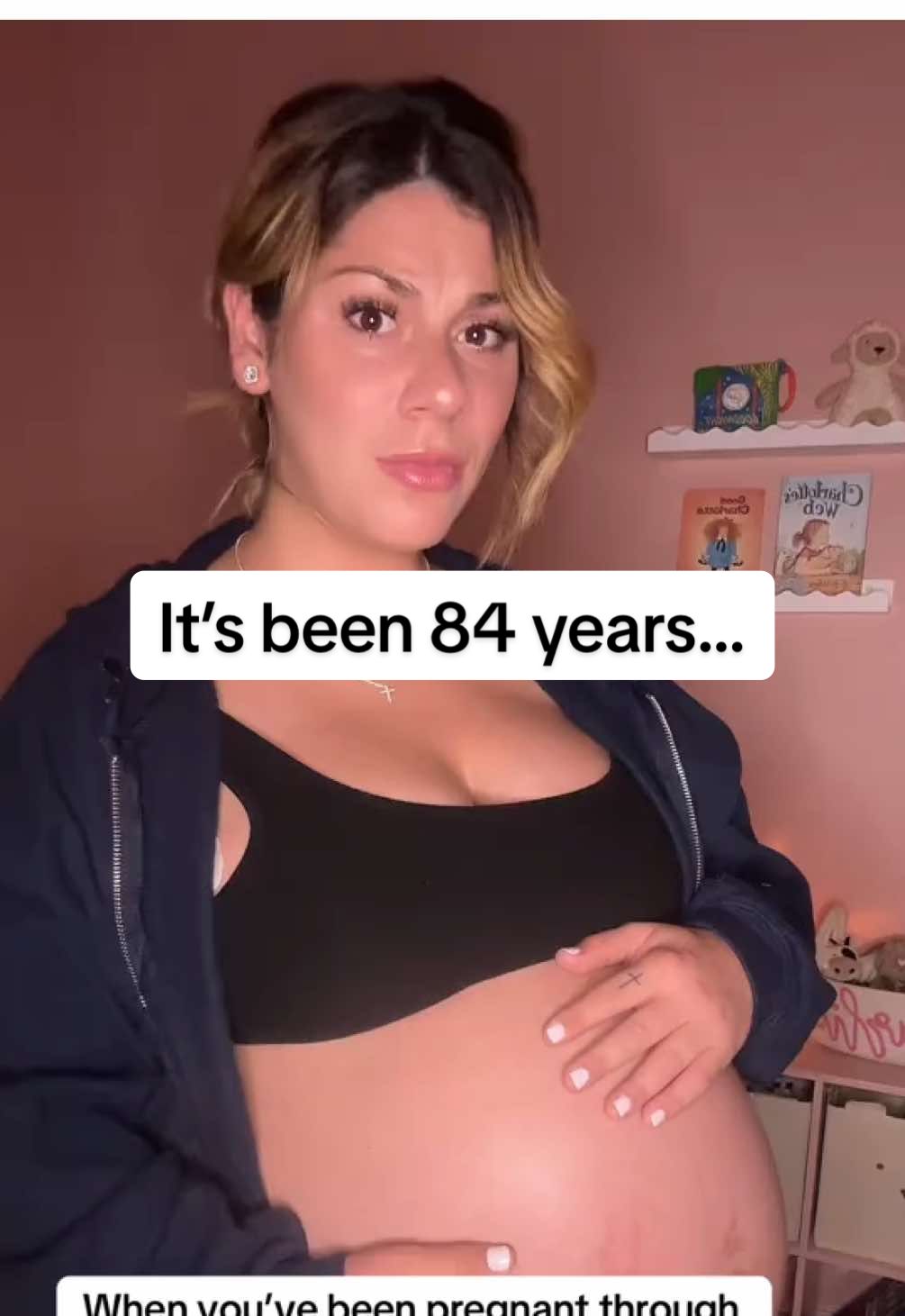 A post by @jaxwritessongs on TikTok caption: yep. still pregnant.                                                   🫠👵🏻                                                               #fypシ #pregnant #baby #may 