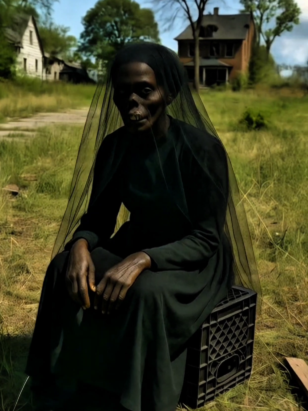 A post by @urbanlegendsfromthehood on TikTok caption: the woman in the yard really took place in Detroit, in one of those $1 houses #horror #creepy #scary #story #storytime 