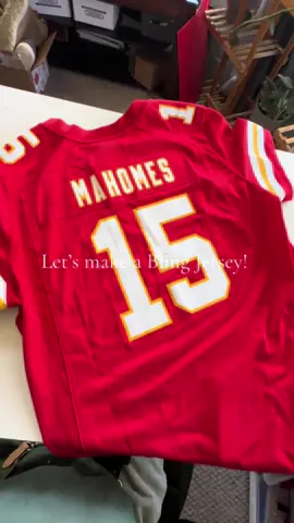 A post by @calibornbree on TikTok caption: Team: Kansas City Chiefs  Player: Patrick Mahomes  Size: W omen’s large Number: 15  Cost: $250  Ship: $9 #NFL #kansascitychiefs #patrickmahomes #rhinstones #blingjersey 