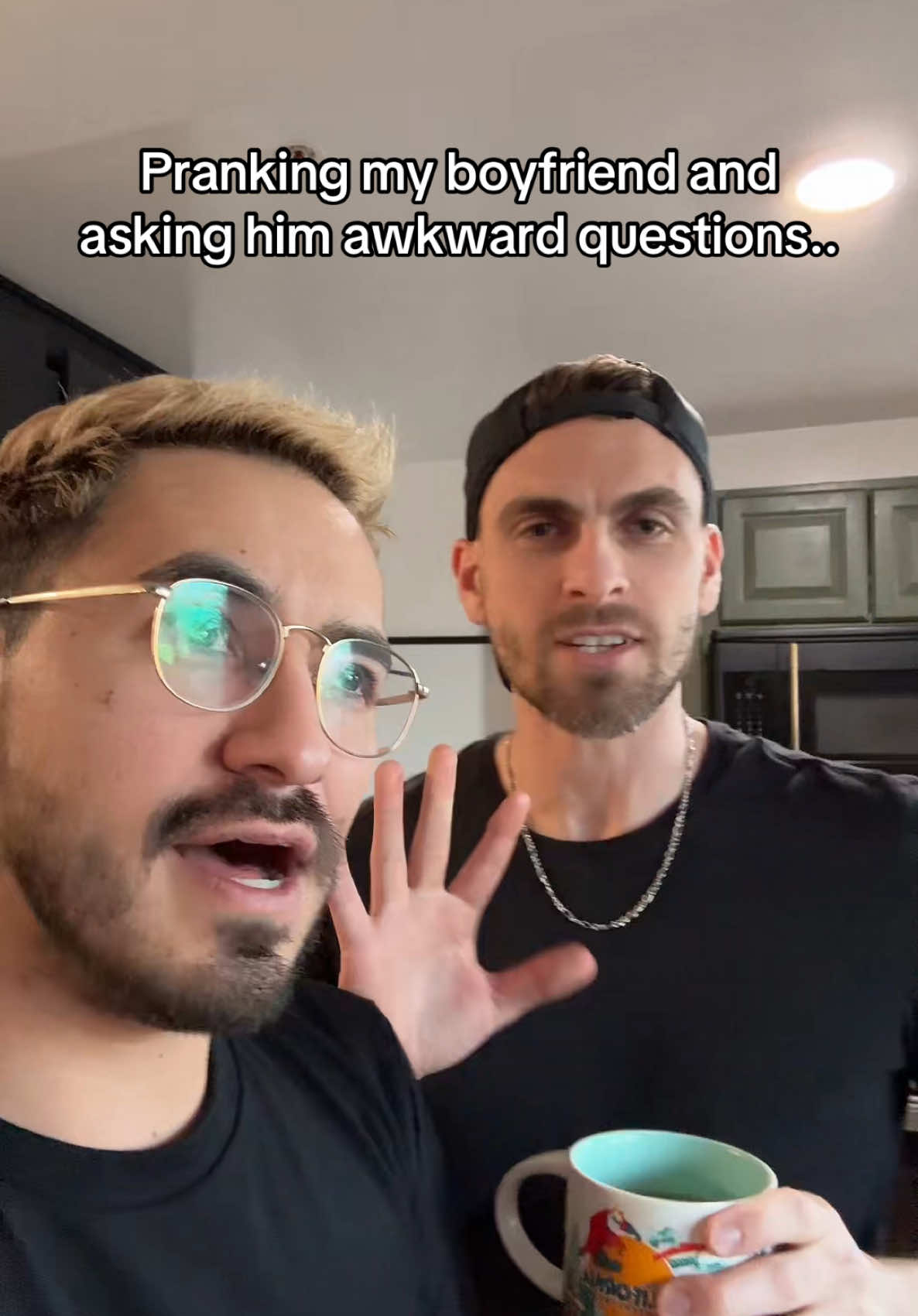 A post by @whenericmetseb on TikTok caption: Asking my boyfriend trick questions for his responses never disappoints. @Sebastian 🦀 @Eric Flick 🤴🏻 #fyp #couplescomedy #couplescontent #boyfriendreaction #relationships #lgbt🌈 #lgbt🏳️‍🌈 #fypシ゚viral #boyfriend #couples 