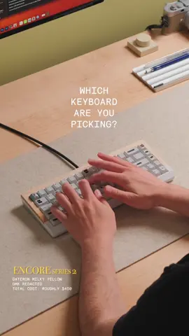 A post by @alexotos on TikTok caption: It’s been a minute since I posted here, but we’re back. Let’s do this right. PICK ONE Which board are you taking home? 	1.	Encore Series 2 – Gateron Milky Yellows 	2.	QK Alice Duo – Pudding Switches 	3.	SEBAS – MX2As 	4.	Agar – EC Switches 	5.	Manta – MX2As