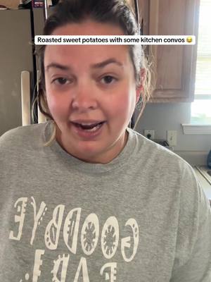 A post by @wrenandemmesworld on TikTok caption: The best roasted sweet potato’s 😋 I love getting all the tea from the boys too 😂 #wrendavid #kitchen #cooking #recipe #fyp #funnykids #wrenandemme #dinner #sweetpotato 
