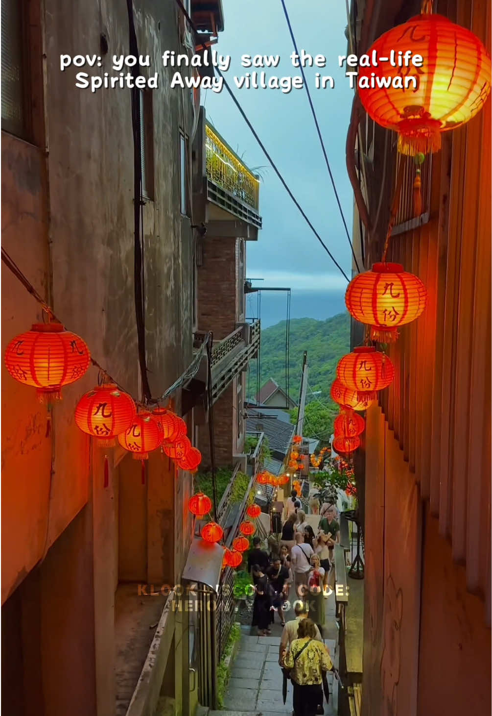A post by @herony on TikTok caption: 📍Jiufen Old Street, Taiwan A must visit place in Taiwan, especially if you’re a Ghibli fan like me! You can book this tour on the Klook app and use my code 𝗛𝗘𝗥𝗢𝗡𝗬𝗬𝗞𝗟𝗢𝗢𝗞 for a discount #taiwan #taiwantravel #jiufenoldstreet🏮 #johnheron #travel 