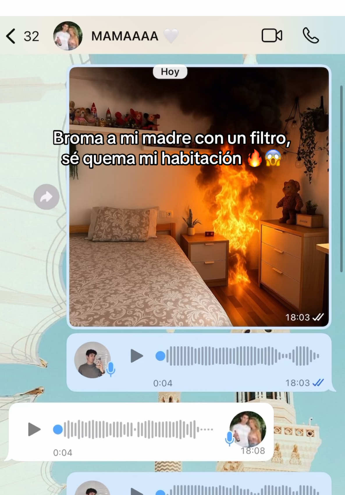 A post by @hugocalafer on TikTok caption: #Broma a mi madre con un filtro se quema mi habitación por culpa de una vela de vainilla 😱😂🔥 #comedia #mama #mom #comedy #prank #risa #fire #fuego #family 