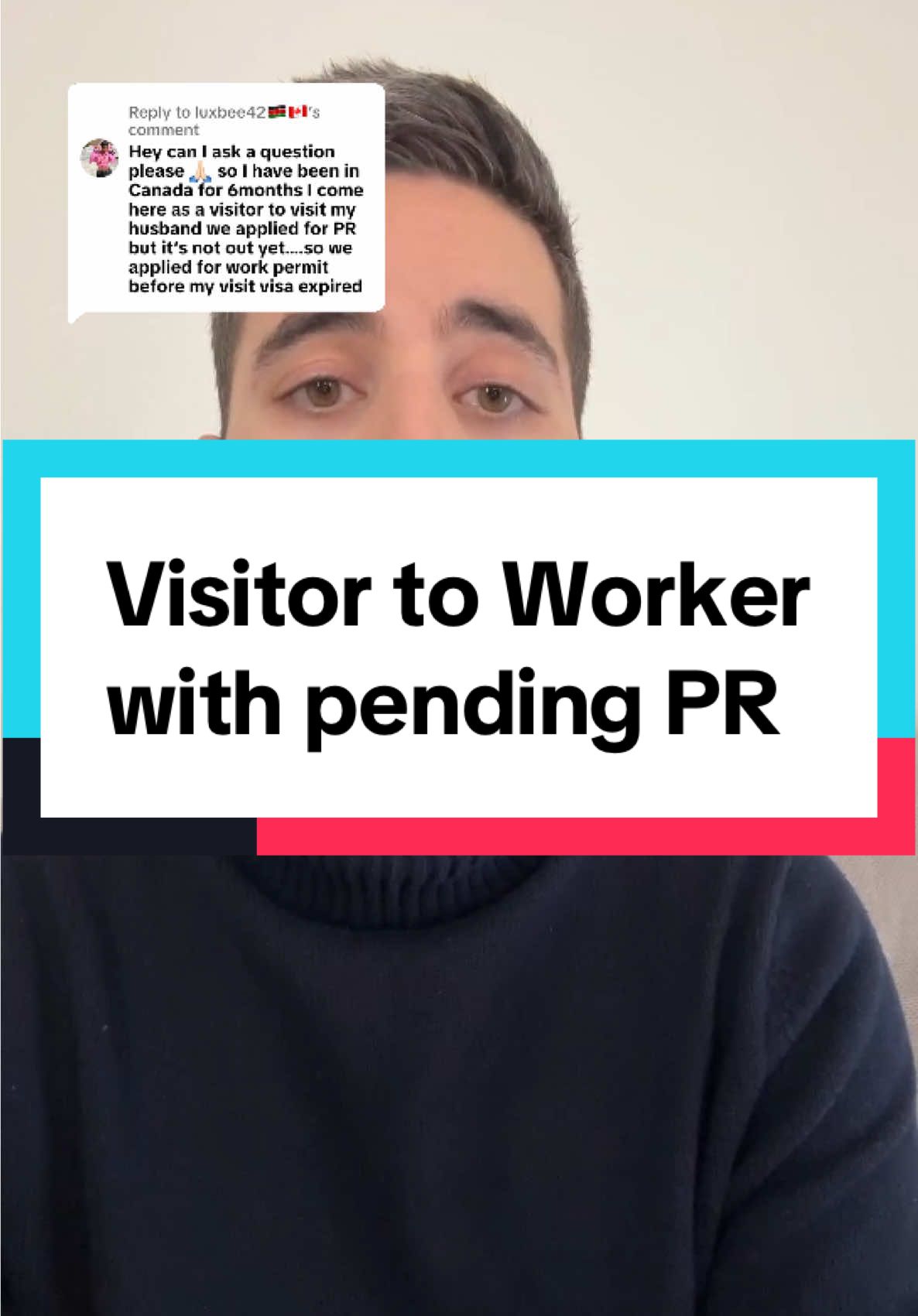 A post by @canadianimmlawyer on TikTok caption: Replying to @luxbee42🇰🇪🇨🇦 Going from visitor to worker while applying for PR. #sowp #visitorvisa #canadapr #maintainedstatus #spousalsponsorshipcanada 