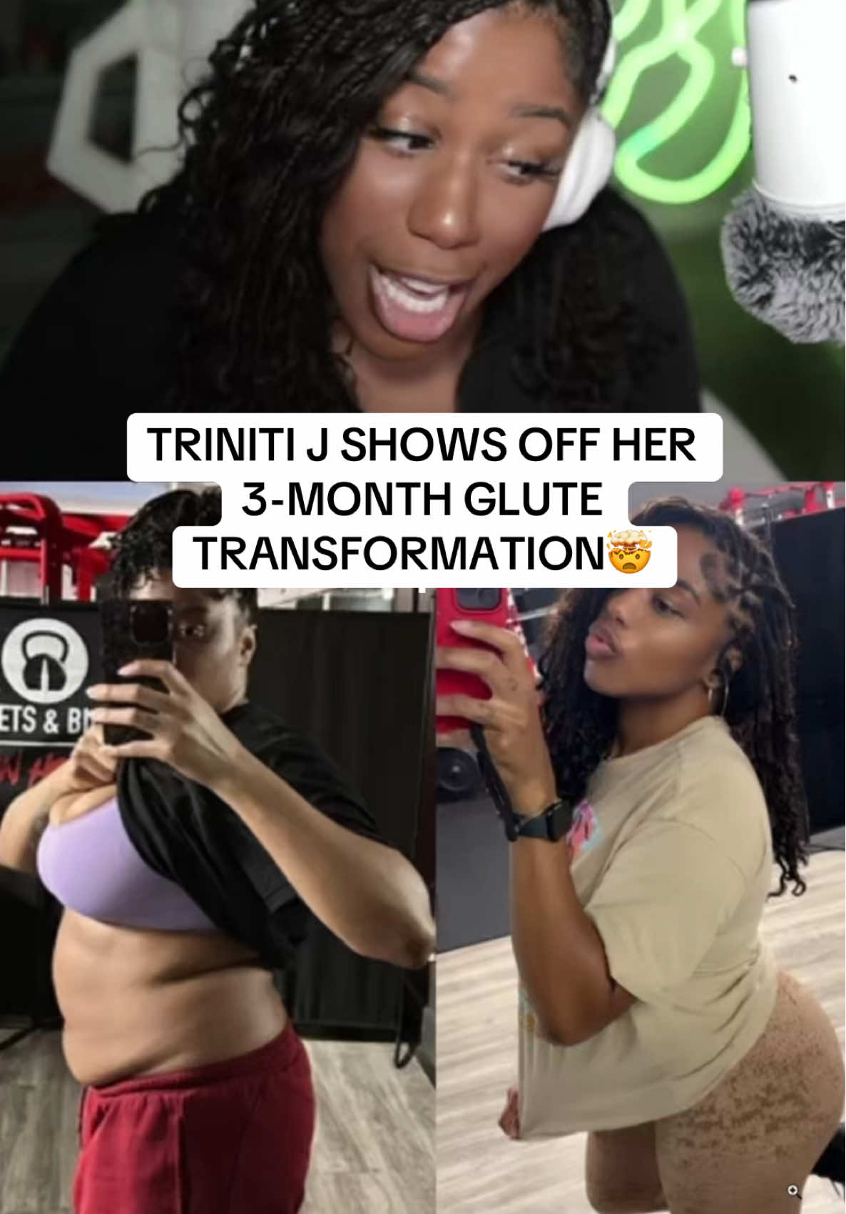 A post by @iamtrinitij on TikTok caption: 3 month glute transformation after returning to the gym. Muscle memory is a thing!! #trinitij #femalestreamer #fitness #gymtok #bodyrecomposition #glutesworkout #glutepump 