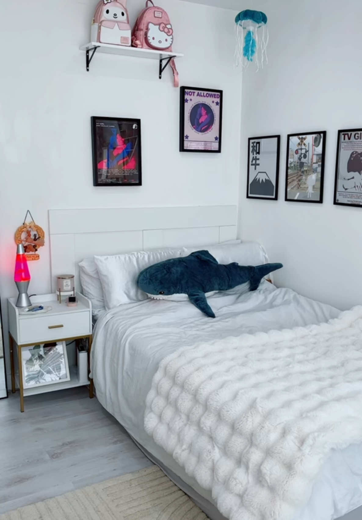 A post by @nintendo.grl on TikTok caption: just a girl who loves her trinkets // #roomtour#blahaj#aesthetic#sanrio#hellokitty#trinkets#blindboxes#blindbox#popmart#labubu#smiski#sonnyangel 