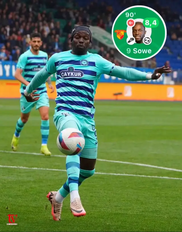 A post by @thevoiceofsports1 on TikTok caption: Ali Sowe scored and assisted as Rizespor secured a 6-3 victory over Göztepe in the Turkish Süper Lig. The Gambian striker has now tallied 16 goals and 2 assists this season, with two games remaining. #football 