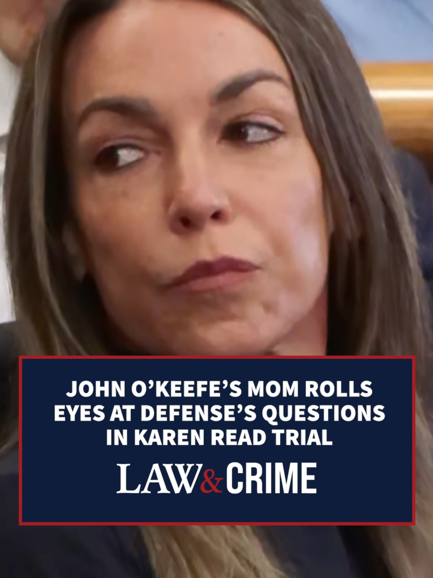 A post by @lawandcrime on TikTok caption: John O’Keefe’s mother, Peggy O’Keefe, was seen rolling her eyes during the testimony and questioning of DNA analyst Karl Miyasako, after he was asked about the hair found on the back of Karen Read’s car that the defense believes could belong to O’Keefe’s nephew. #Truecrime #crimetok #crimejunkie #truecrimecommunity #crime #lawandcrime #trial #court #shockingmoment #KarenRead