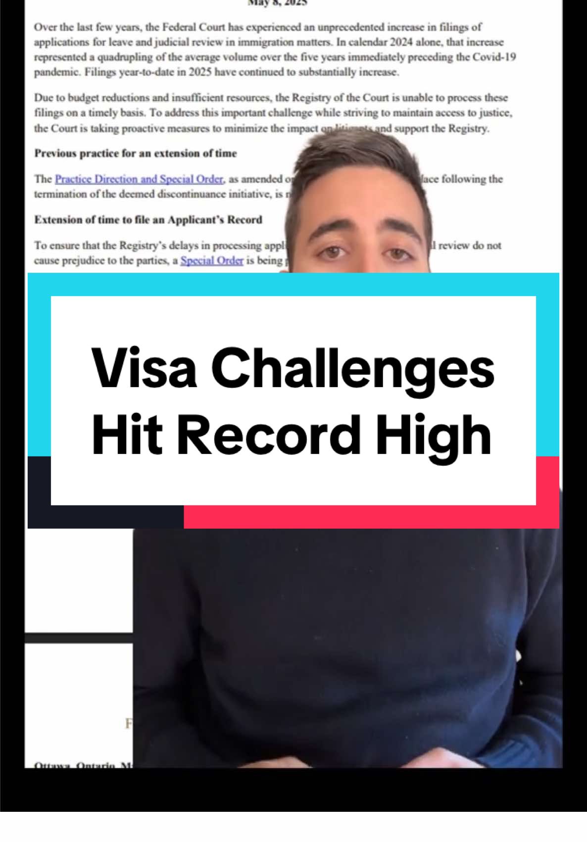 A post by @canadianimmlawyer on TikTok caption: Federal Court overwhelmed with visa challenges. This increase is likely caused by unjustified refusals. #judicialreview #canadaimmigrationlawyer #visitorvisa #studypermit #visarefused