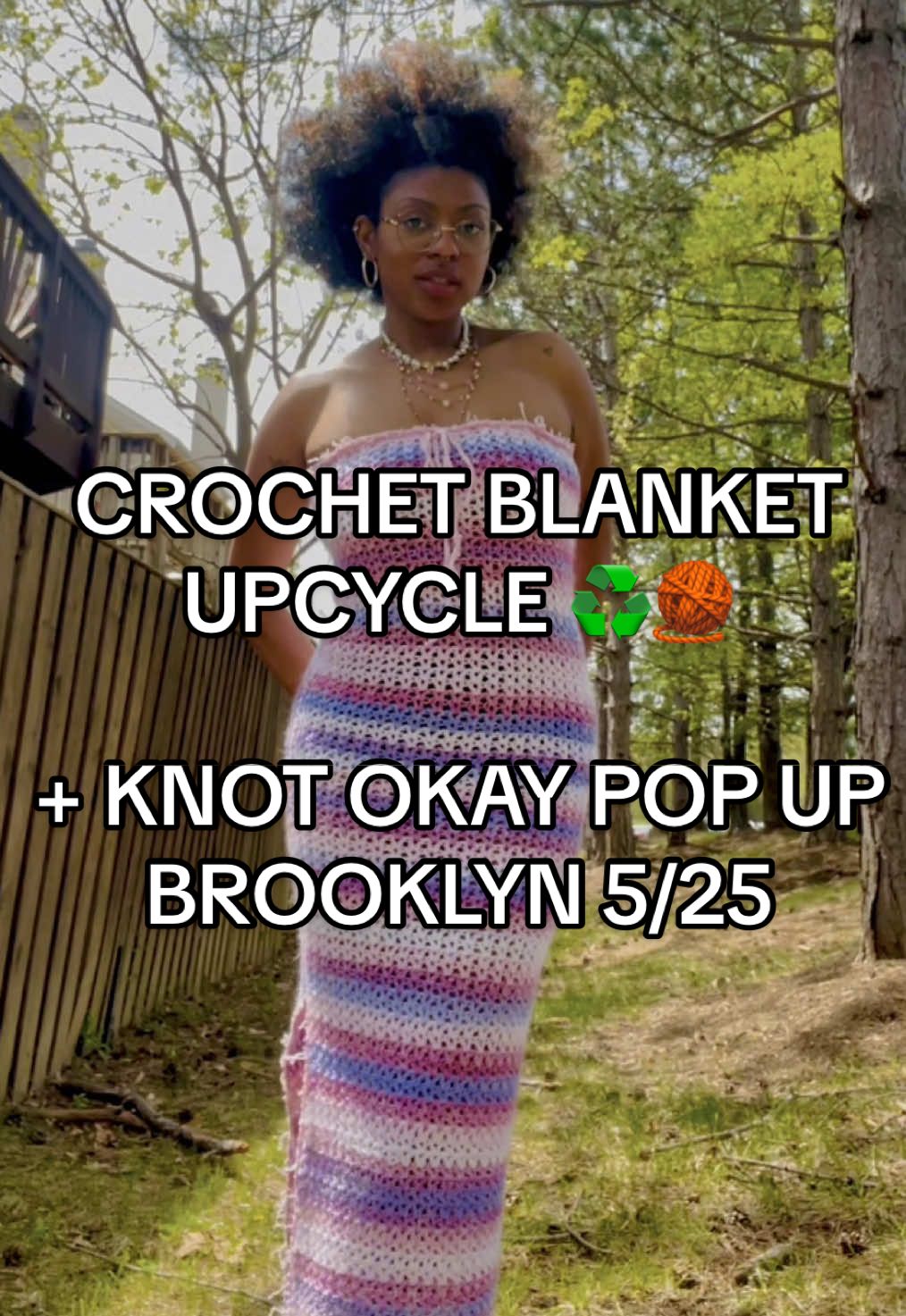 A post by @knotokayclub on TikTok caption: i love a good thrift flip 🙂‍↕️ more handmade upcycled + crochet spring and summer clothes at the KNOT OKAY pop-up 5/25 at Rosa 1069 in Brooklyn! 🧶 EVERYONE IS INVITED 🫶🏾 come shop, eat + get styled for the summer lookbook! ☀️ #popup #crochetdress #thriftflip #upcycledfashion 