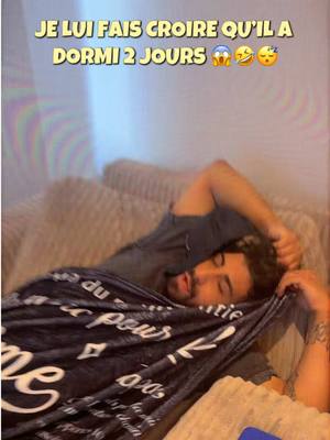 A post by @ramousoff on TikTok caption: Je lui fais croire qu’il a dormi deux jours 😱😴🤣 #pourtoi #foryoupage #fyp #storytime #couple #foryou #humour #sketch #prank 
