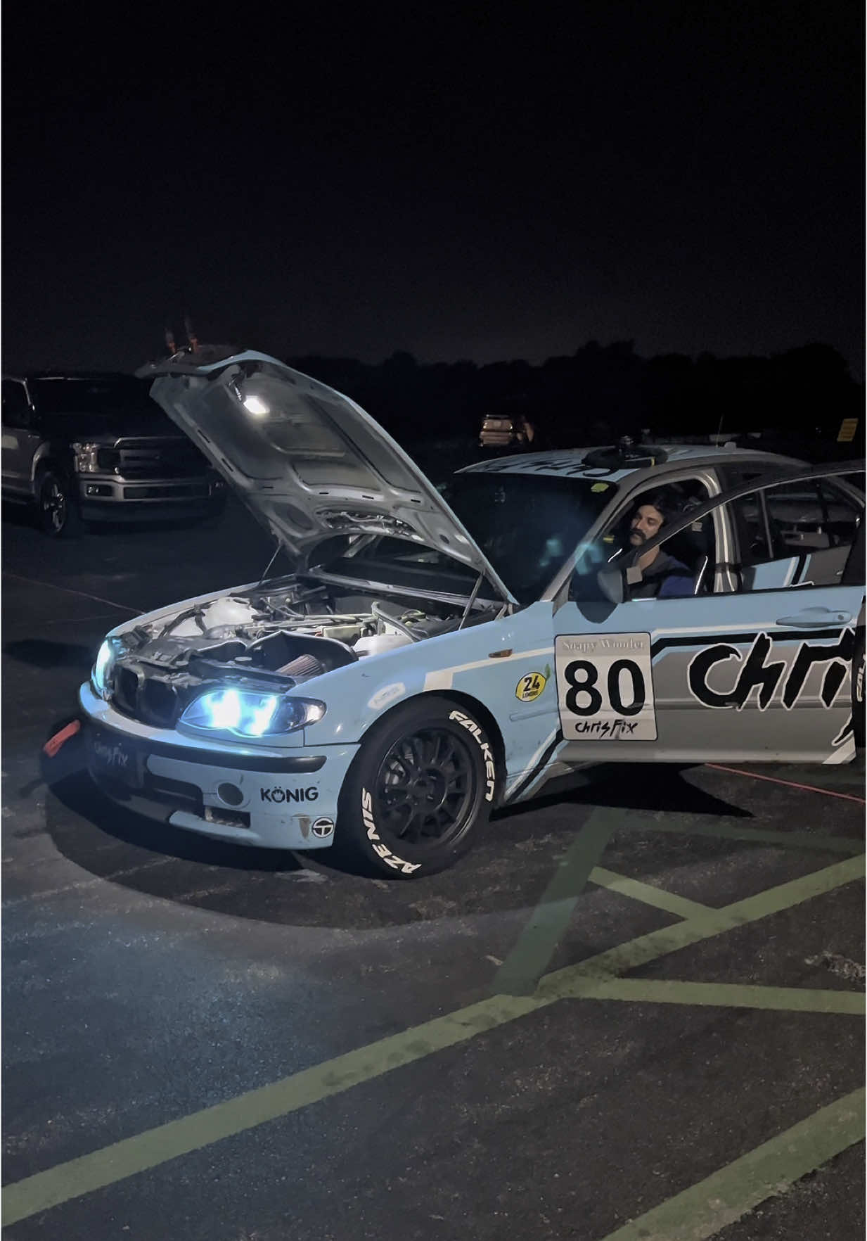 A post by @chrisfixit on TikTok caption: The day before an endurance race while we were testing our car we heard a slight seemingly random knock… it was faint but there. A few laps later it was wayyyyy more evident we had a serious problem.  At around 2800rpms we had a serious knock and to identify what cylinder it is all you need to do is disconnect the coil from the spark plug until the knock stops. In this case we had rod knock at cylinder number 4 which means we did not get to race unfortunately.  This is the second engine that has blown on this e46 BMW. We think it’s because it’s AWD and the oil pan is causing the engine to starve of oil on turns. Next up, figuring out how to fix this! #ChrisFix