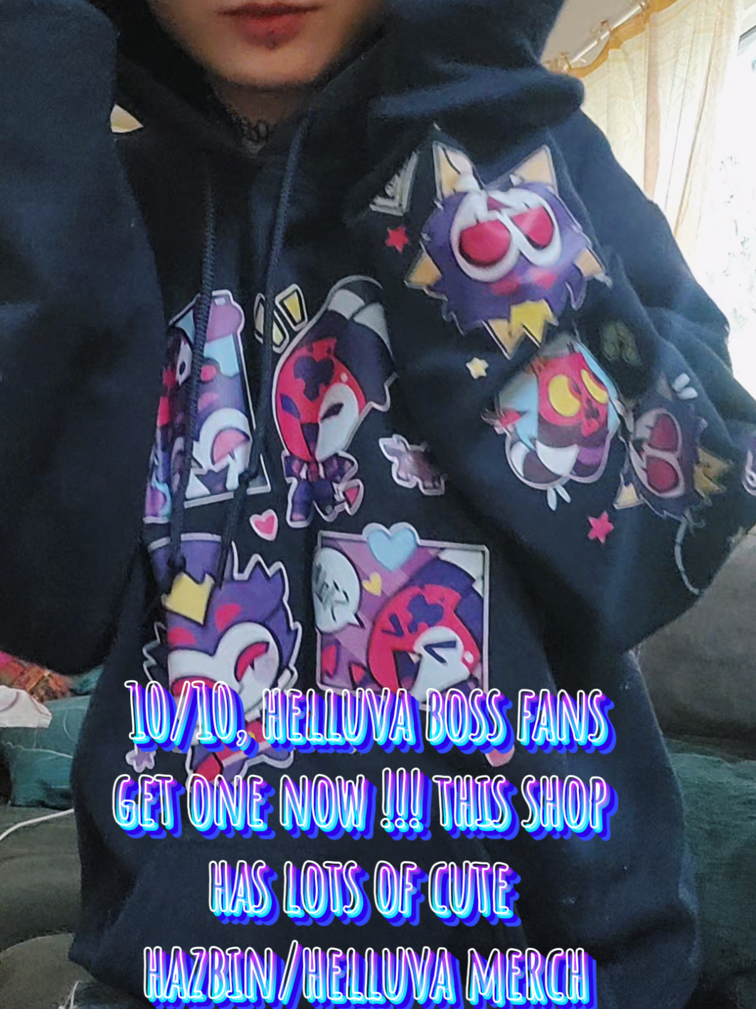 A post by @sugarsarz.inthestarz on TikTok caption: I have been living in this, its so perfect 😭🩷 get yours below !! ~ ☆ #helluvaboss #hellaverse #tiktokshop #tiktokmademebuyit #hoodie #helluvabossmerch #merch #fyp 