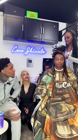 A post by @coco.shinele on TikTok caption: I thinks hes mad Chat 🫠 @Rockstar Jus @Khi #cocoshinele #fyp #femalebarber #atl 