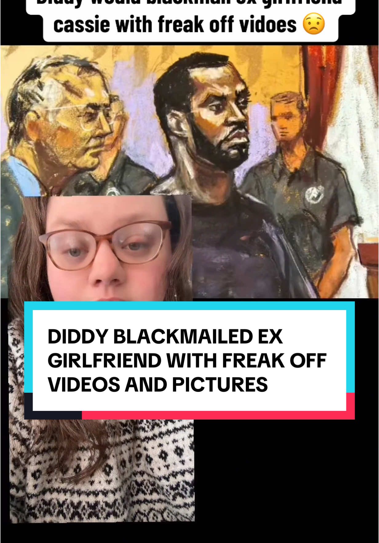 A post by @truecrime_central on TikTok caption: Cassie gave her tesitmony against diddy and revealed he would blackmail her with videos from the freak offs to keep her silent #diddy #diddytrial #cassieventura #diddylawsuit 