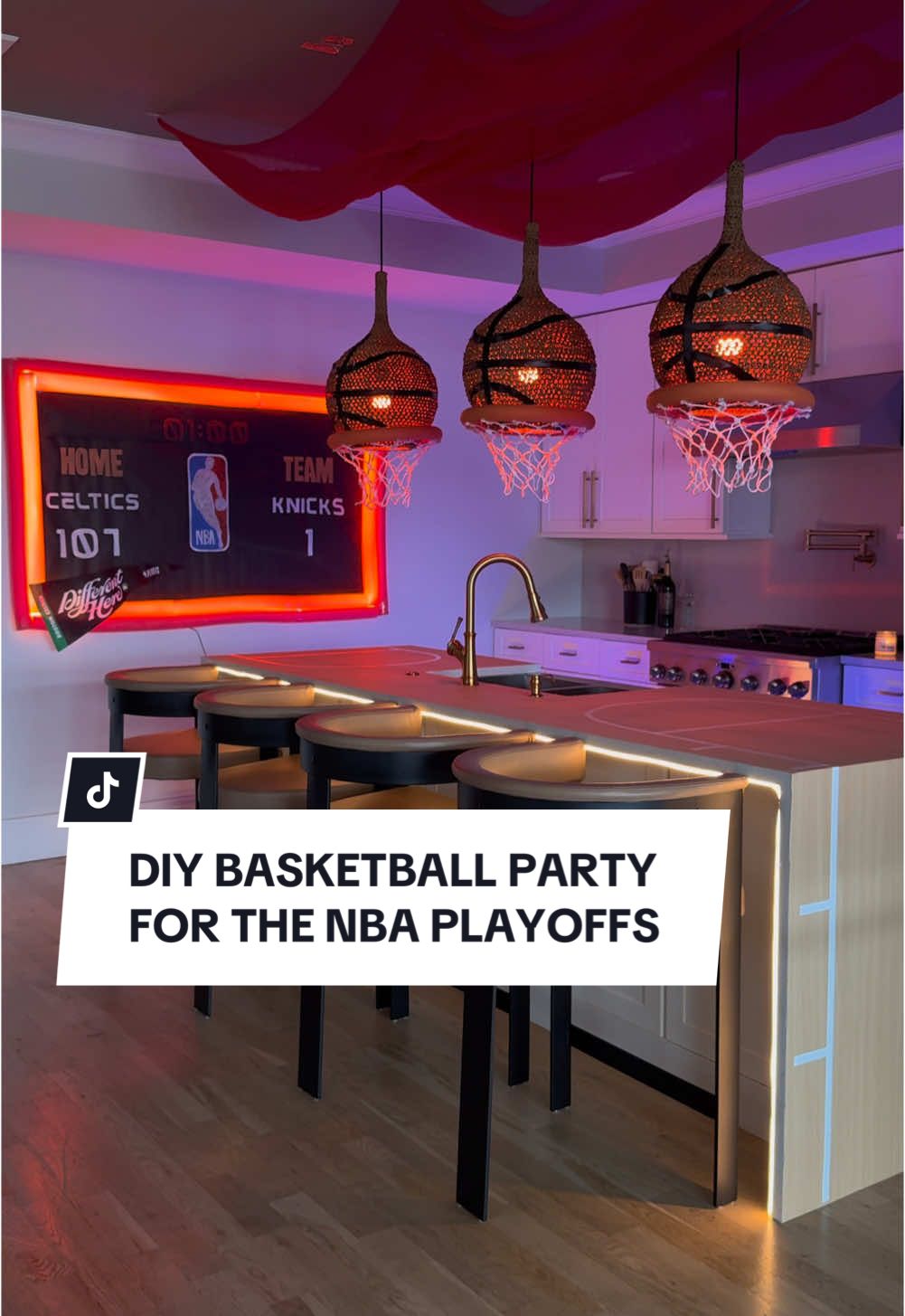 A post by @the_avantgarde on TikTok caption: OKAYY the END!? with the purple lights!? Screaming. I fear this ate every other party set up, devoured. Or am I delusional? #basketball #nba #party #crafts 