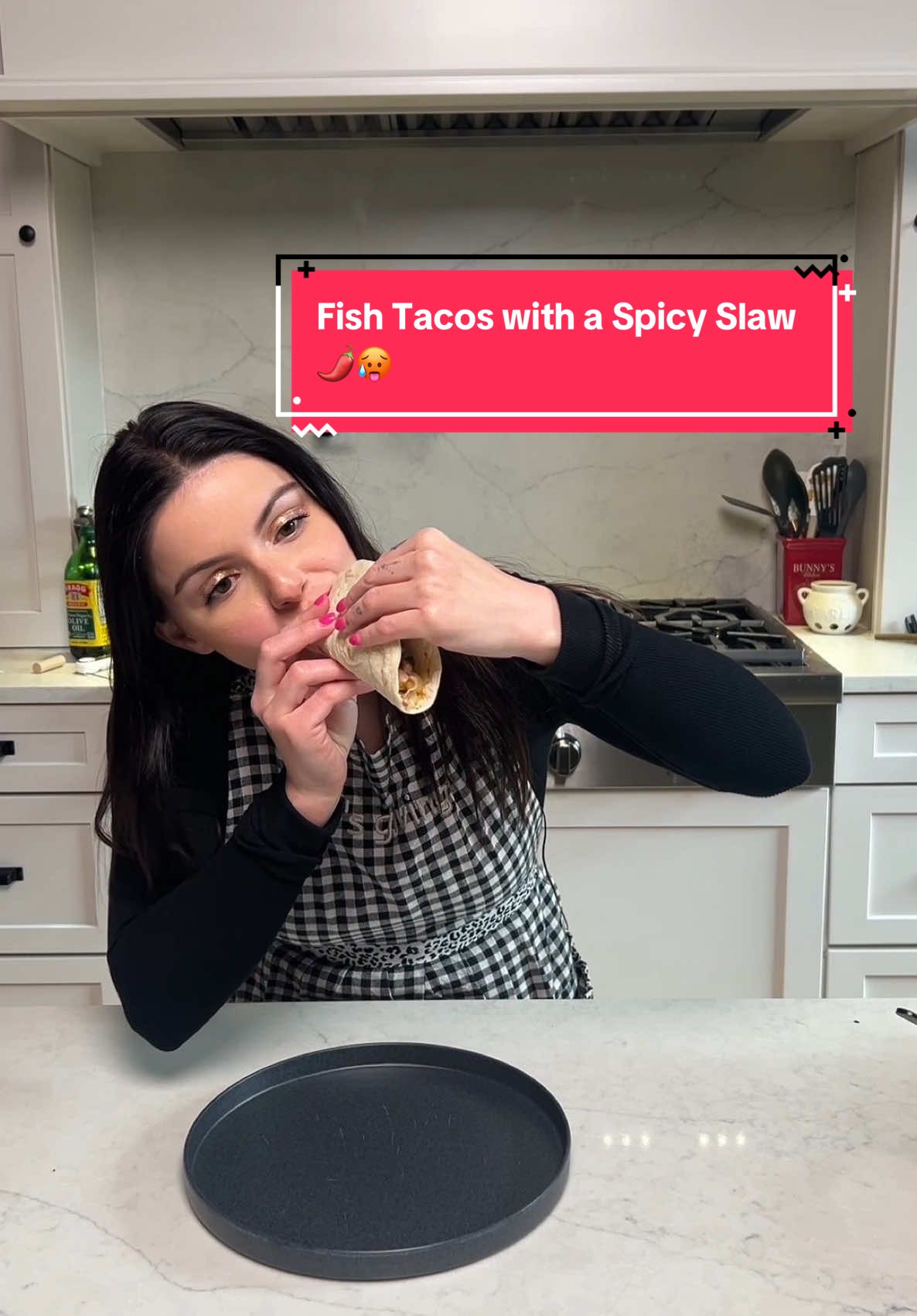 A post by @arielwinter on TikTok caption: A new recipe ft. Luke trolling me at the end😩🙃 Fish Tacos with Spicy 🥵 Saucy Slaw + Pineapple Jalapeño Salsaaaaaa 💃🏻 Spicy Saucy Sauce + Slaw: 1/2 ripe avocado 1/2c sour cream 1/4c mayo 4 garlic cloves Lime juice—fresh, LOTSSS Salt 1 tbsp sugar Sriracha—depends on your spice capabilities 😅 but 3–4 tbsp or more! Shredded red or green cabbage Pineapple Salsaaaaa: Chopped pineapple Jalapeño—seeded + chopped (I couldn’t find gloves that fit lol) Finely chopped red onion Lime juice For the fish!: 2 tbsp mayo 2 eggs 2 tbsp flour 3/4c panko Salt, pepper, garlic powder Cod!!!—salt + peppered Olive oil spray I start by making the sauce so it chills while I make the fish. Toss everything in a food processor (or bowl). While it blends, shred your cabbage. Taste + adjust (more lime/salt/sriracha depending on your taste!!!). Mix some sauce w/ cabbage in a bowl, then chill both. Prep/chop the salsa ingredients, mix them all together and chill in the fridge!!  Now let’s make our crispy fish!! Preheat oven to 400°. In one bowl, mix eggs + mayo. In another, mix flour, panko, salt, pepper, garlic powder. Cut cod into ~2in pieces. Dip each in egg mix, then breadcrumb mix and coat well. Add to baking sheet (use parchment if needed), spray all over w/ olive oil spray. Bake 8 min, flip, spray again, bake 5ish more minutes until crispy + fish flakes. Lastly, assemble!!! I like to do sauce, fish, slaw, pineapple salsa ✨ Enjoy even though I’m struggling bc I made them too spicy for me this time!!!!! lol  #fishtacos #summerrecipes #simplerecipes 