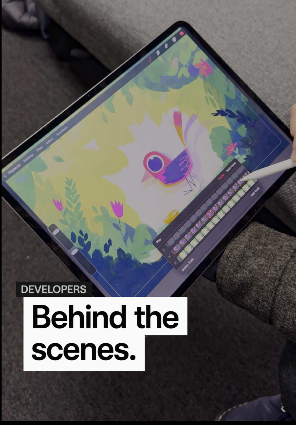 A post by @procreate on TikTok caption: Here's a sneak peek of the new Flipbook from our software engineer #Procreate #ProcreateDreams #SoftwareDevelopment #arttok #animation