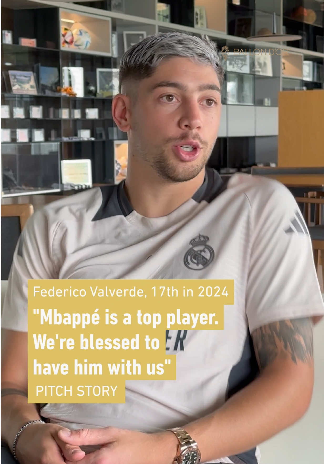 A post by @ballondor on TikTok caption: Federico Valverde loves playing with Kylian Mbappé. Back in October, the Uruguayan midfielder told us how happy he was to welcome the 2023 Ballon d'Or 3rd-place finisher to Real Madrid. One word to describe Mbappé's first season with Valverde? #BallondOr
