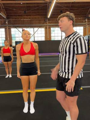 A post by @rybkatwinsofficial on TikTok caption: Strictest cheer coach will be live on our YouTube channel tomorrow! 👀 #cheerleading #strictteacher @Jack Payne @mmgymsisters 