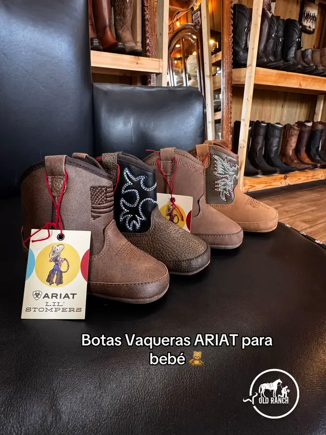 A post by @old_ranch on TikTok caption: Los vaqueros empiezan desde la cuna. Descubre nuestra colección de botas, cinturones y sombreros diseñados especialmente para bebés y niños. #oldranch  #cowboys  #botasvaqueras 
