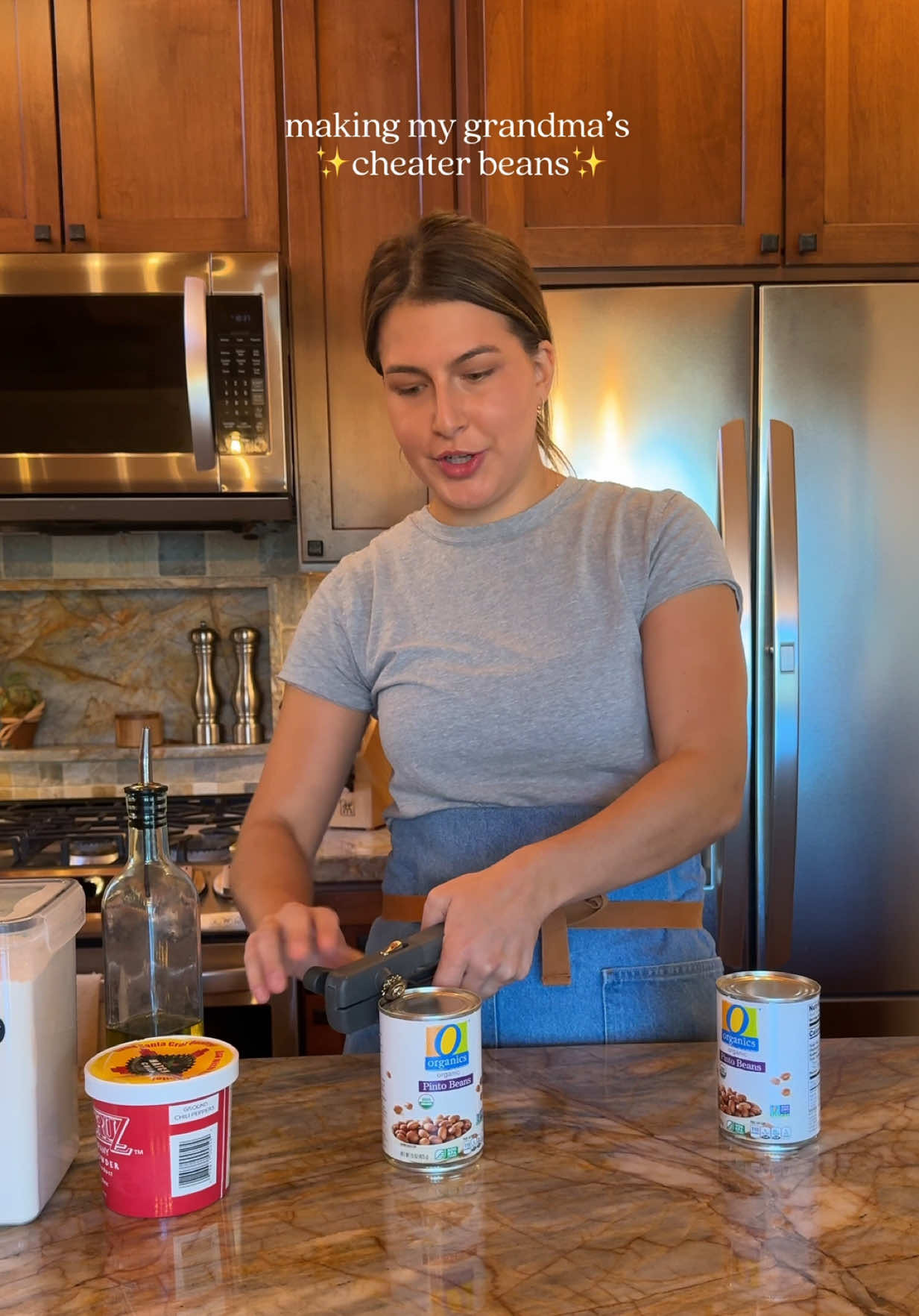 A post by @zoebarriesode on TikTok caption: Cheater beans! Measurements below: 2 Tbsp Oil 1 Tbsp Chili Powder 2 Tbsp All Purpose Flour 2 (15 oz) Cans of Whole Pinto Beans (liquid included) Salt, to taste #beans #dinner #recipes #cooking 