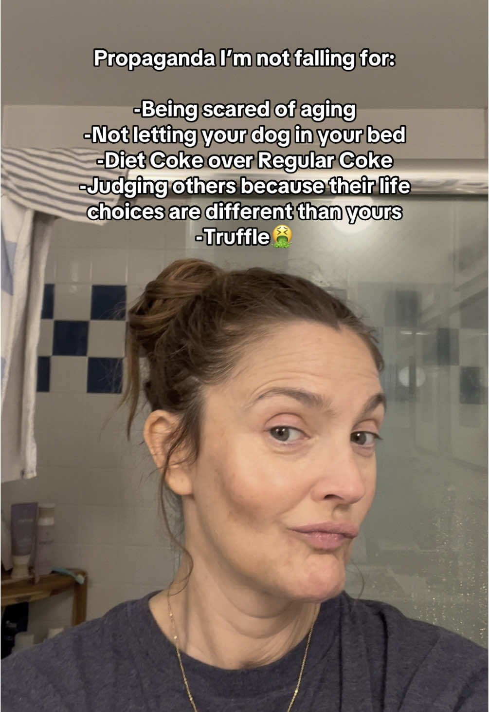 A post by @drewbarrymore on TikTok caption: I love regular coke, and aging. Oh, and my dogs (and all of my animals) can snuggle in my bed!